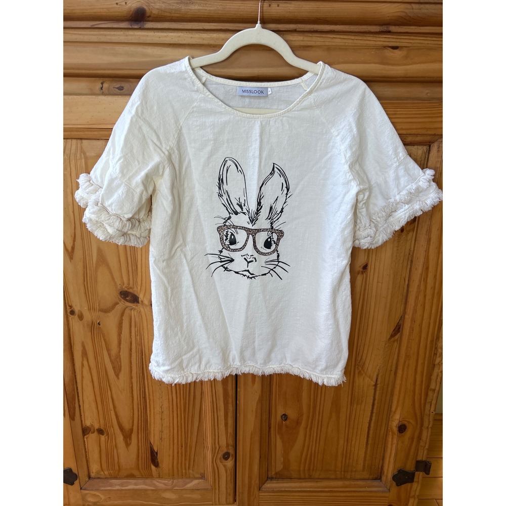 Misslook Cream Rabbit Graphic Top Leopard Glasses Fringe Trim Boho Short Sleeve